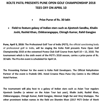 KOLTE PATIL PRESENTS PUNE OPEN GOLF CHAMPIONSHIP 2018 - Life Republic